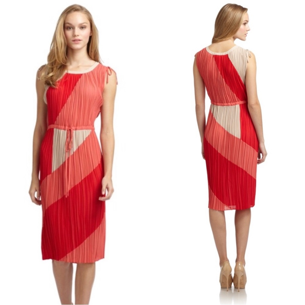 BCBGMaxAzria Coral and Cream Pleated Colorblock Midi Dress